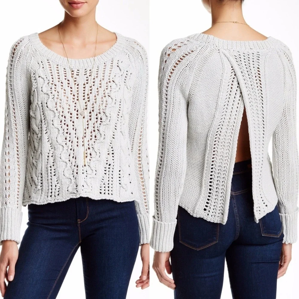 NWT Free People Cable Knit Open Back Chunky Sweater in Ivory Comb - L